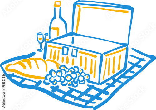 Hand Drawn Outdoor Picnic Setup With Wine Bottle And Basket, Cozy Doodle Line Icon