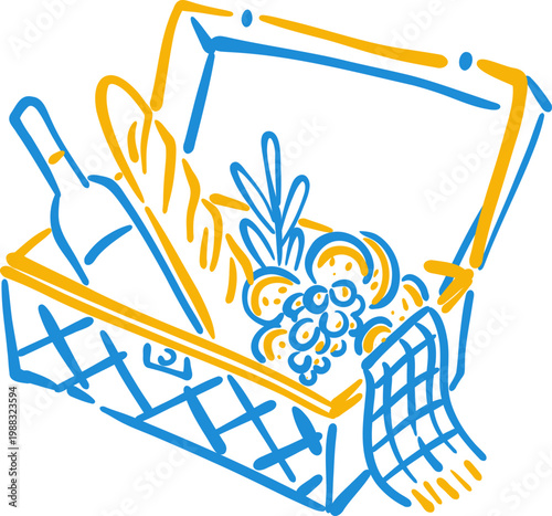 Hand Drawn Picnic Basket With Wine And Snacks, Outdoor Doodle Line Icon