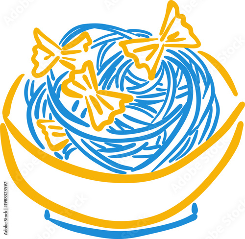 Hand Drawn Pasta Bowl With Ribbon Noodles, Italian Food Doodle Line Icon