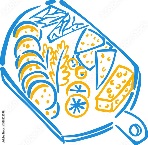 Hand Drawn Charcuterie Board With Cheese And Snacks, Gourmet Doodle Line Icon