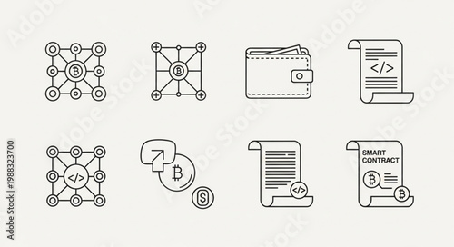 Digital Cryptocurrency Blockchain Technology Icons Set.