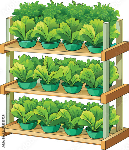 Vertical wooden planter with lush green leafy vegetables in sunlight for Urban Gardening, Perfect for Adobe Stock Eco-Friendly Branding and Environmental Awareness Campaigns