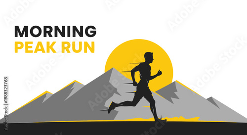 Runner Reaching Summit During Sunrise, Sport Illustration With Mountains Silhouette Design