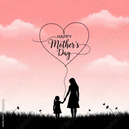 Mother and Child Silhouette with Heart-shaped Ballon for Mother's Day Celebration and Greeting Card