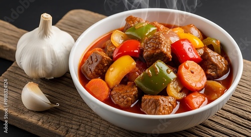 Steaming bowl of sausage and vegetable stew on a wooden board with garlic