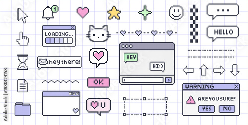 Pixel ui elements with chat windows cursor icons hearts on checkered grid background