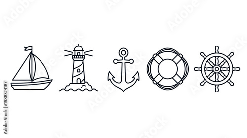 Nautical marine sea voyage travel adventure icons in a simple black line art style, depicting various maritime elements like a sailboat, lighthouse, anchor, lifebuoy, and ship's wheel.