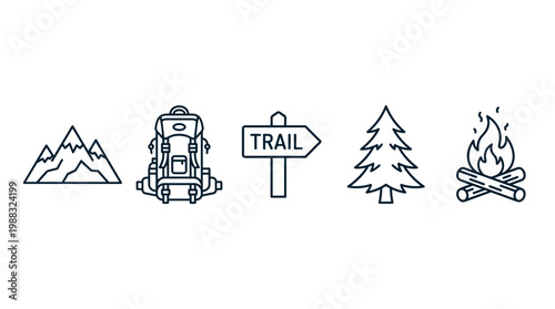 Outdoor adventure hiking camping icons set with mountains, backpack, trail sign, pine tree, and campfire representing nature exploration.