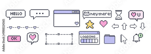 Pixel ui elements with chat windows hearts cursor icons and retro interface design