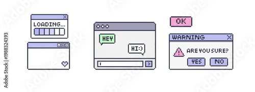 Pixel ui windows with chat messages loading bar warning dialog and retro interface elements