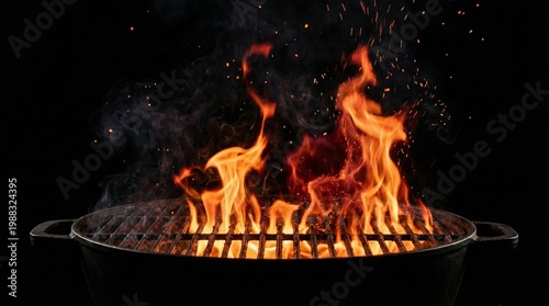 Dramatic flames rising from barbecue grill, perfect for cooking and outdoor grilling concept.