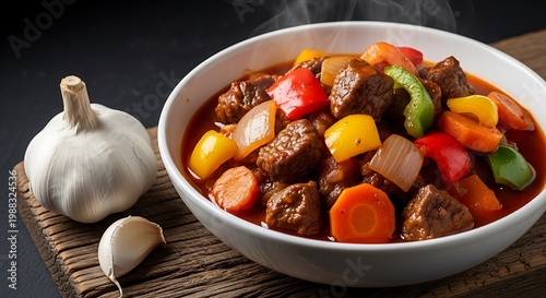 A steaming bowl of beef stew with vegetables sits on a wooden board next to garlic cloves on a dark background.