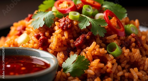 A mouthwatering dish of seasoned rice topped with herbs and chili slices next to a small bowl of sauce.