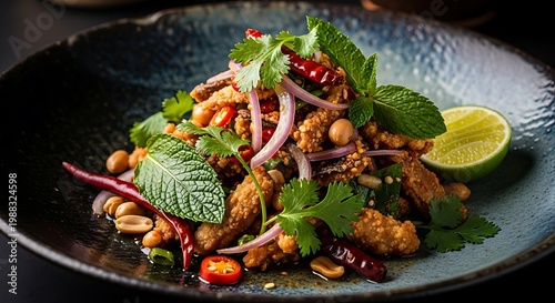 A vibrant plate of spicy Thai salad with chicken, herbs, and lime on a dark background.