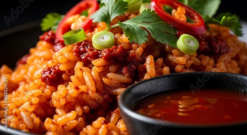 A delicious plate of jollof rice with sauce and garnishes on top.