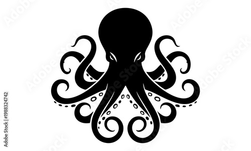 Black silhouette of an octopus with eight tentacles curled in a decorative spiral pattern, creating a striking graphic icon