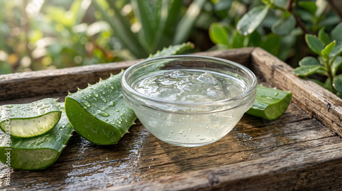 Close up of natural aloe vera gel with fresh leaves on wooden tray.