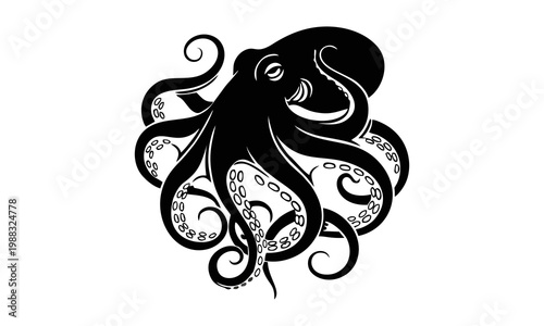 Stylized black octopus illustration with detailed tentacles and suckers on a white background, perfect for marine life themes