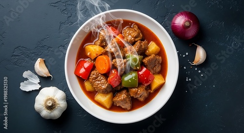 Steaming bowl of beef stew with vegetables on a dark surface