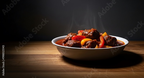A steaming hot bowl of beef stew sits on a wooden table indoors.