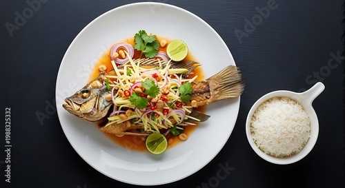 A plate of grilled fish with herbs and spices served with rice on a table.