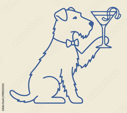 Silhouette whimsical dog illustration showing canine in bow tie holding cocktail glass with garnish