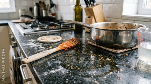 Messy Kitchen Counter with Cooking Utensils and Spills