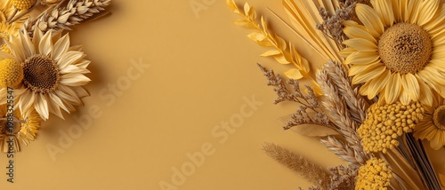 Wallpaper Mural Generative AI, Sunflower Dried Botanical Flat Lay Yellow Ochre Background with Copy Space Torontodigital.ca