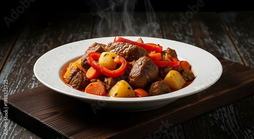 A steaming plate of beef stew with vegetables on a wooden board indoors