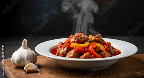 Steaming plate of savory beef stir-fry with vegetables on wooden board