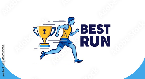 Runner Reaching Victory, Trophy Beside Best Run Text, Winning, and Championship Illustration