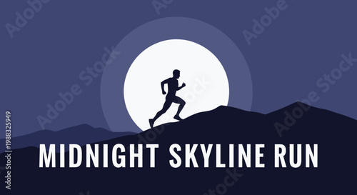 Runner Silhouette Against Full Moon Over Mountain Range In The Dark Night