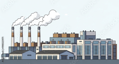 Industrial factory complex with smoking chimneys and modern buildings.