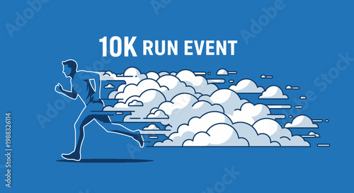 Runner Sprinting Through Abstract Clouds Representing Endurance and Speed in a Race