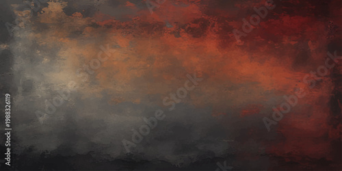 A dark stormy cloudscape with a grunge texture effect captures an abstract sunset where orange light pierces through a moody night sky
