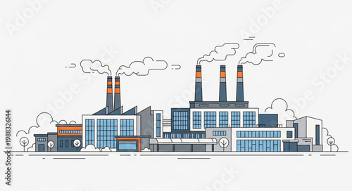Industrial Factory Buildings with Smoke Emitting from Chimneys.