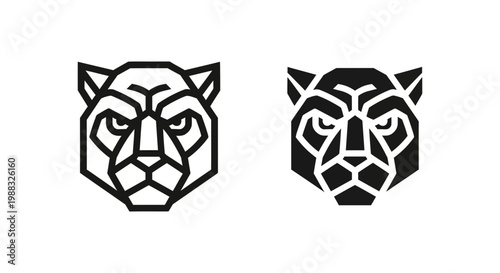 Geometric panther head logo, stylized big cat icon, vector illustration of a jaguar or leopard face, minimalist animal mascot