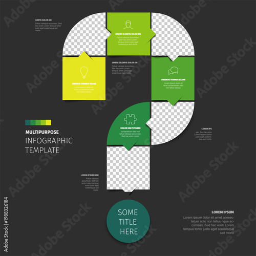 Green question mark infographic template for business presentations with text and photo placeholders. This infographic template simplifies complex question mark data visualization tasks.