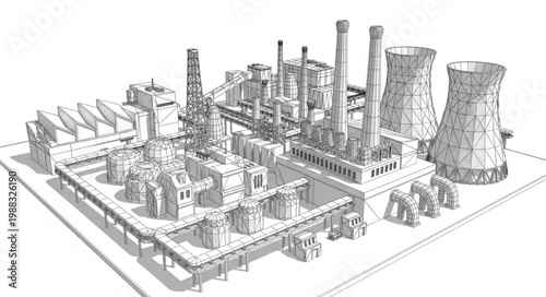 Industrial Power Plant Facility with Cooling Towers and Smokestacks.