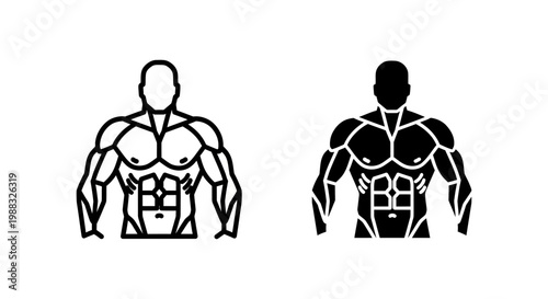 Muscular man torso icon, bodybuilding fitness concept, vector illustration of athletic male body with six pack abs