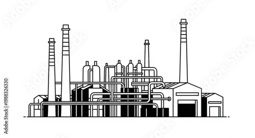 Industrial Factory Building with Smokestacks and Pipes.