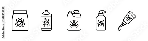 Pest control products web line icons set featuring insecticide powder bag spray can chemical canister liquid soap dispenser and poison gel tube Vector Illustration with editable stroke