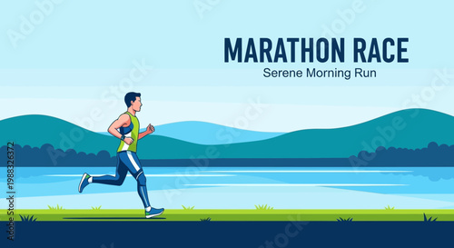 Runner Sprinting Through Scenic Landscape During Calm Morning Marathon Race, Healthy Lifestyle