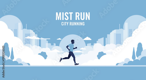 Runner Silhouetted In Urban Scene, Under Misty Sky, Illustrating City Running Concept