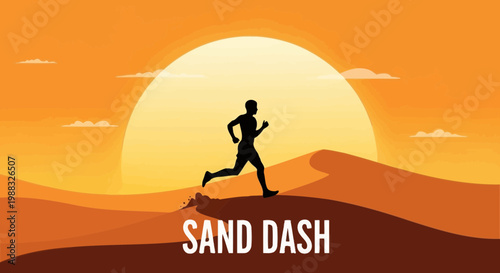 Runner Silhouetted Sprinting Across Dunes at Sunset Illustrates Sand Dash Concept
