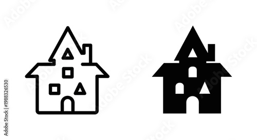 Haunted house icon set, vector illustration of spooky mansion silhouette and outline for halloween design