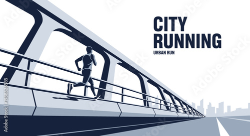 Runner Sprinting Across City Bridge In Monochrome Vector Illustration With Minimalist Appeal