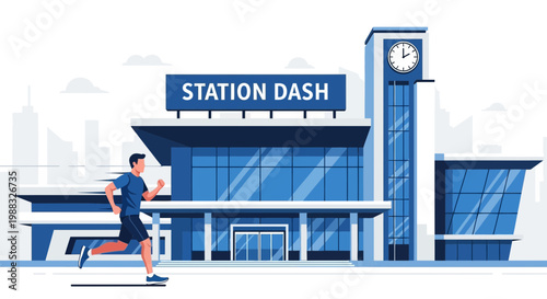 Runner Sprinting Around A Train Station, A City Landmark In A Vibrant Illustration