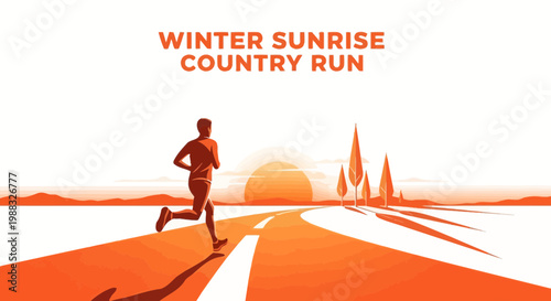 Runner Sprinting at Sunrise on The Paved Road Toward The Horizon in Winter Season