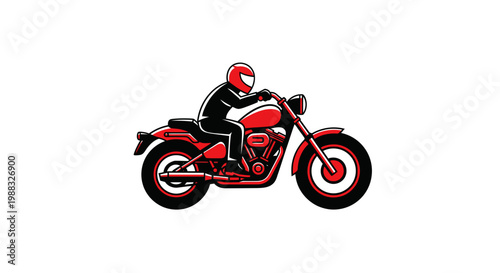 Motorcyclist Riding Cruiser Motorcycle Vector Illustration, Minimalist Red and Black Graphic Design for Biker Lifestyle Branding and Transport Concepts